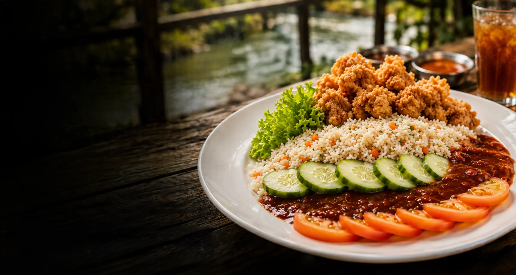 Hidangan ayam goreng Kafe Santai D'Sungai Derga dengan latar sungai